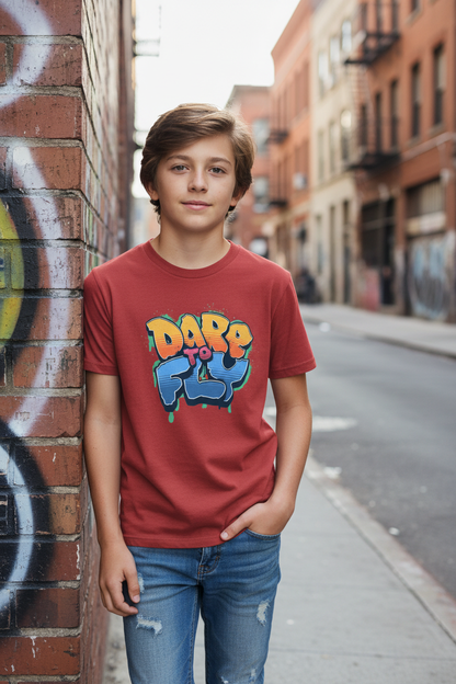 Boy wearing red Kids SoftStyle t-shirt