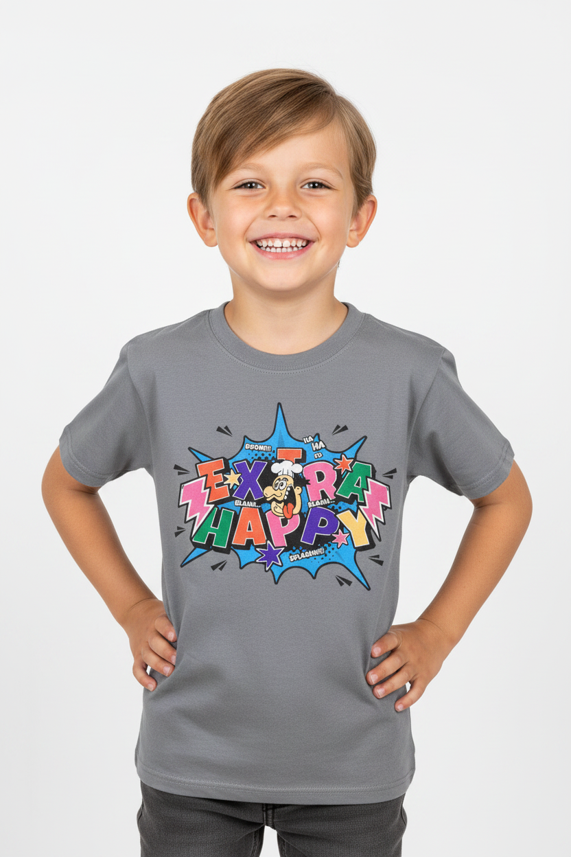 Child wearing heather grey Kids Basic Tee Extra happy