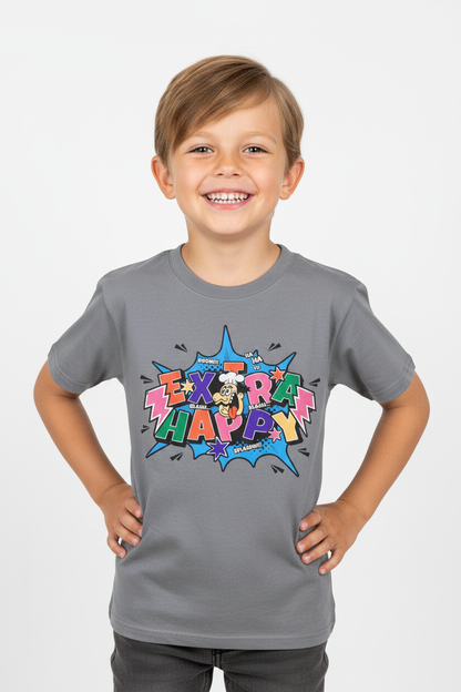 Child wearing heather grey Kids Basic Tee Extra happy