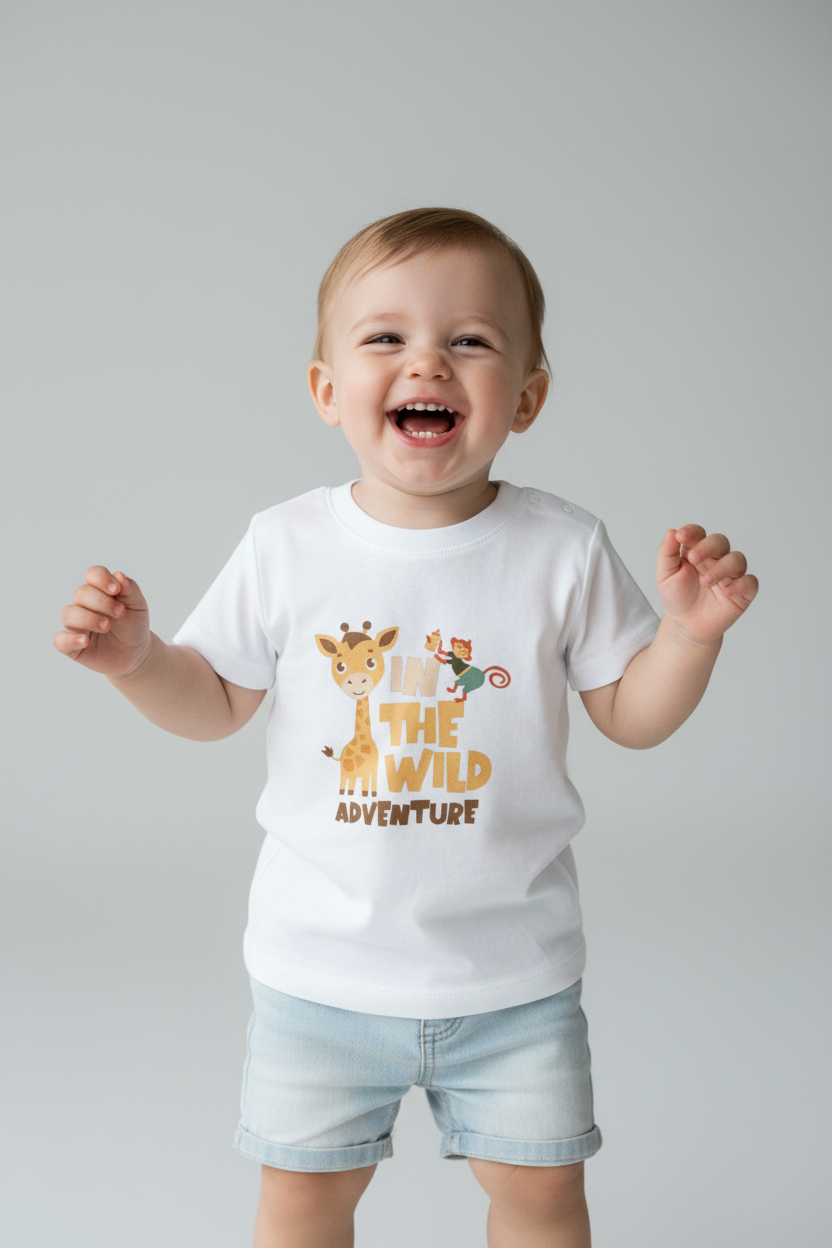 Toddler wearing white Baby Creator Giraffe T-shirt