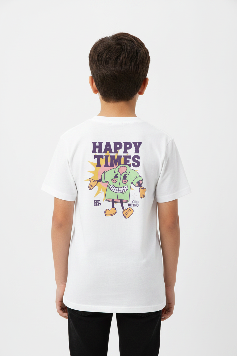 Preteen wearing white Kids Basic Tee rise back view